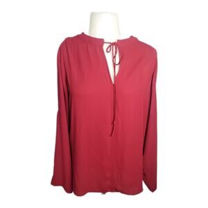 🆓 FREE LOFT | Ann Taylor red cold shoulder tie neck long sleeve blouse sz Small
